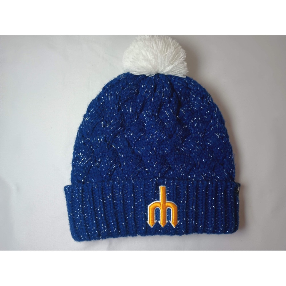 Seattle Mariners MLB Blue Silver Sparkle Trident Logo Pom Pom Knit Beanie Hat